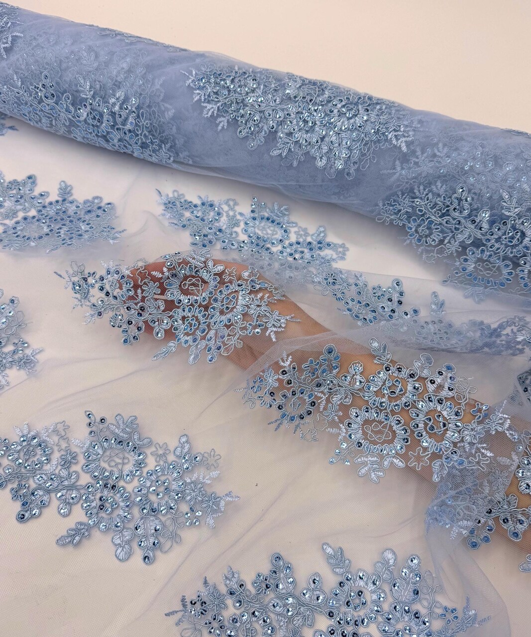 Baby Blue Sequin Embroidered Lace Fabric by the Yard, 54" Wide Floral Mesh Lace with Double Scalloped Edges